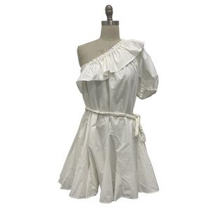 Women’s Boho Off Shoulder Rope Belt Ruffle Dress White Rhode Size Large